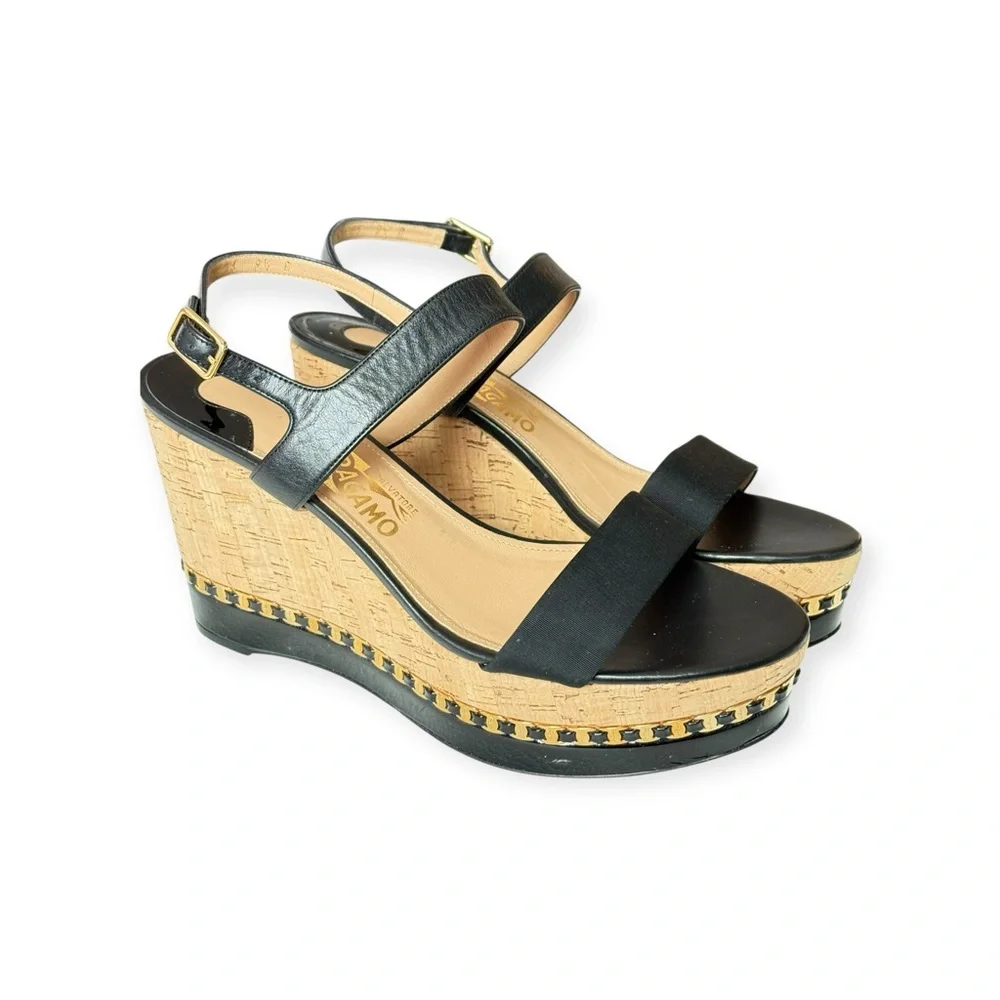 Salvatore Ferragamo ꔘ Mollie Chain Platform Wedge Sandals ꔘ Black Leather ꔘ 9.5B